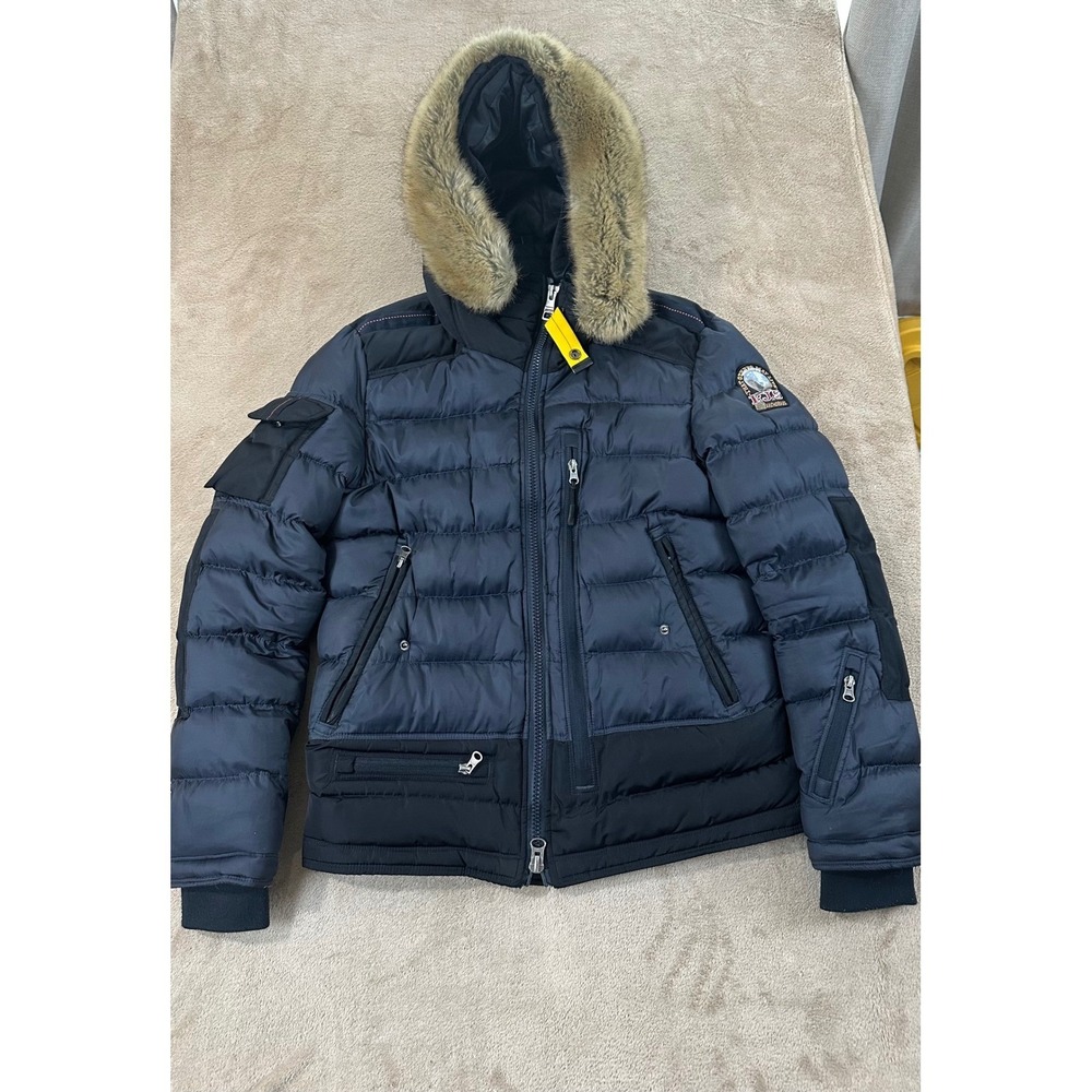 Parajumpers Skimaster Man Puffer Jacket Size M Navy Blue Fur trimmed Hood Quilt